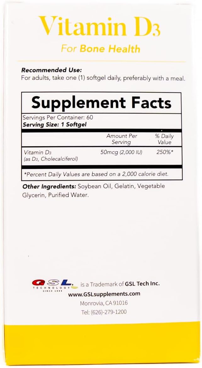 | Vitamin D3 | 50 mcg (2000 IU) Per Softgel | Dietary Supplement for Bone Health | Made in USA | 5 Pack of 60 Count (300 Softgels Total)