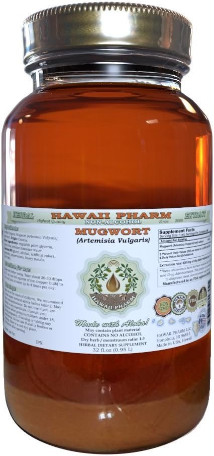Mugwort Alcohol-Free Liquid Extract, Organic Mugwort (Artemisia vulgaris) Dried Flower Glycerite Natural Herbal Supplement, Hawaii Pharm, USA 32 oz Unfiltered
