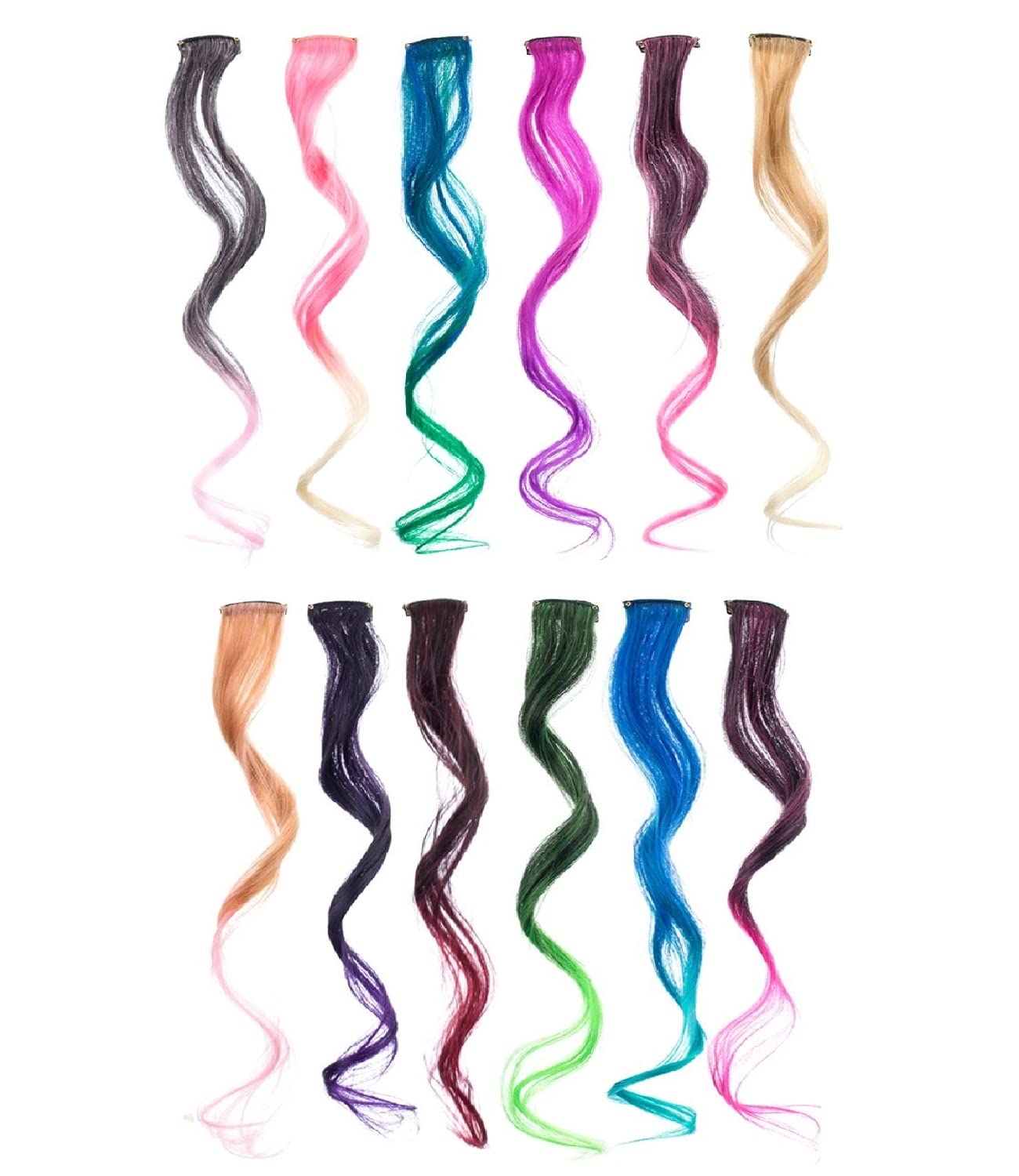 Swacc 12 Pcs Curly Wavy One Color Party Highlights Clip On In Hair Extensions Colored Hair Streak Synthetic Hairpieces (Ombre 12
