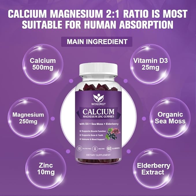 Calcium Magnesium Zinc Gummies with Vitamin D3 - High Absorption Complex Calcium Supplement with Sea Moss, Elderberry for Bone, Muscles, Immune, Mood & Sleep Support, Vegan - 60 Gummies (3 Pack)