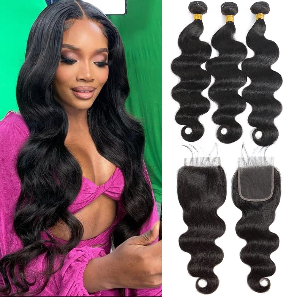 Kapelli Hair Brazilian Virgin Hair Body Wave 3 Bundles With Closure (20 22 24+20'') 10A Brazilian Remy Human Hair Bundles With C