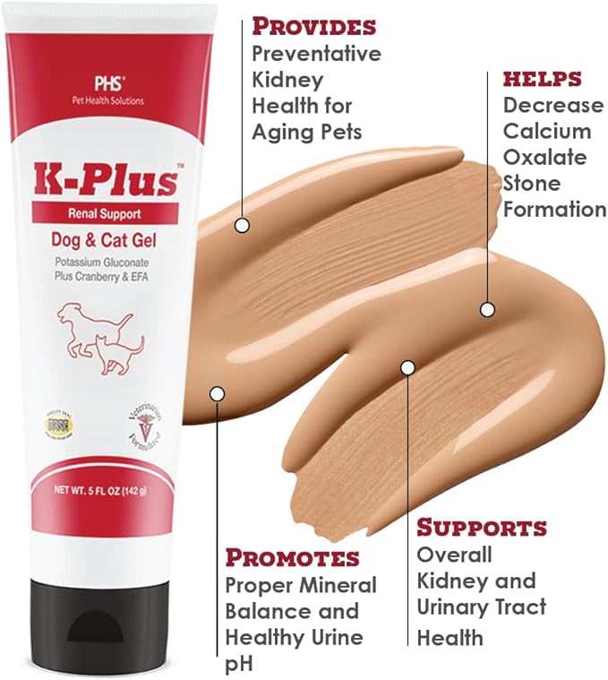 K-Plus Potassium Gluconate Renal Gel Plus Cranberry and EPA for Dogs and Cats - Veterinarian Approved Renal Supplement - Supports Potassium Balance - 5 oz
