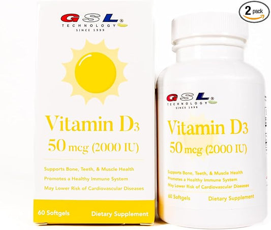 | Vitamin D3 | 50 mcg (2000 IU) Per Softgel | Dietary Supplement for Bone Health | Made in USA | 2 Pack of 60 Count (120 Softgels Total)