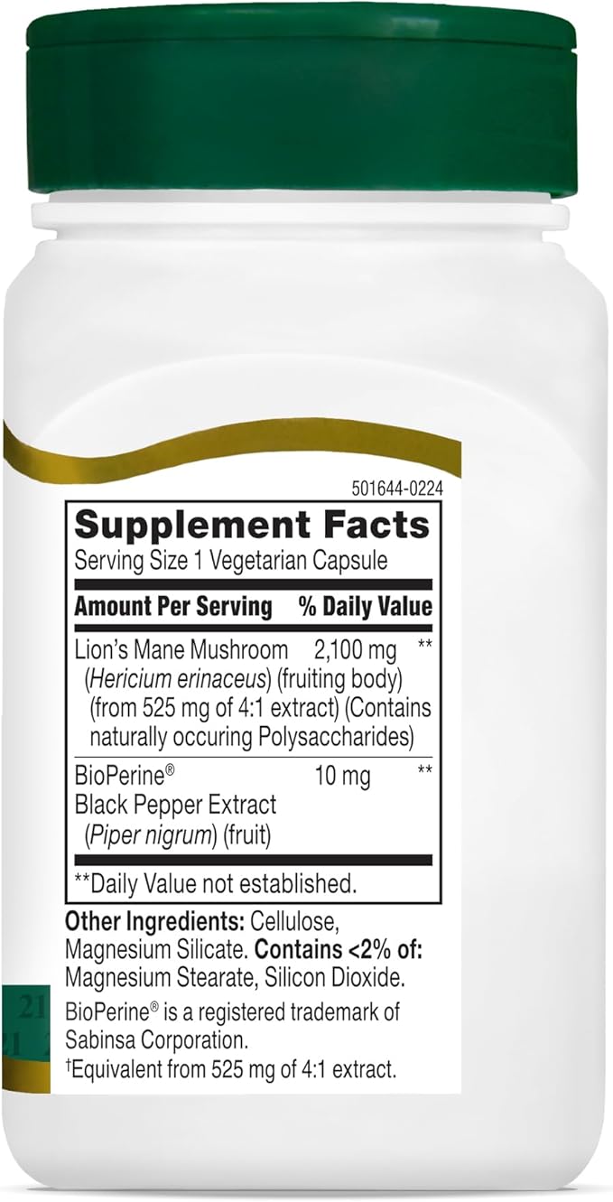 21st Century Lion's Mane 2,100 mg, Plus Black Pepper Extract, Vegetarian Capsules, 60 Count