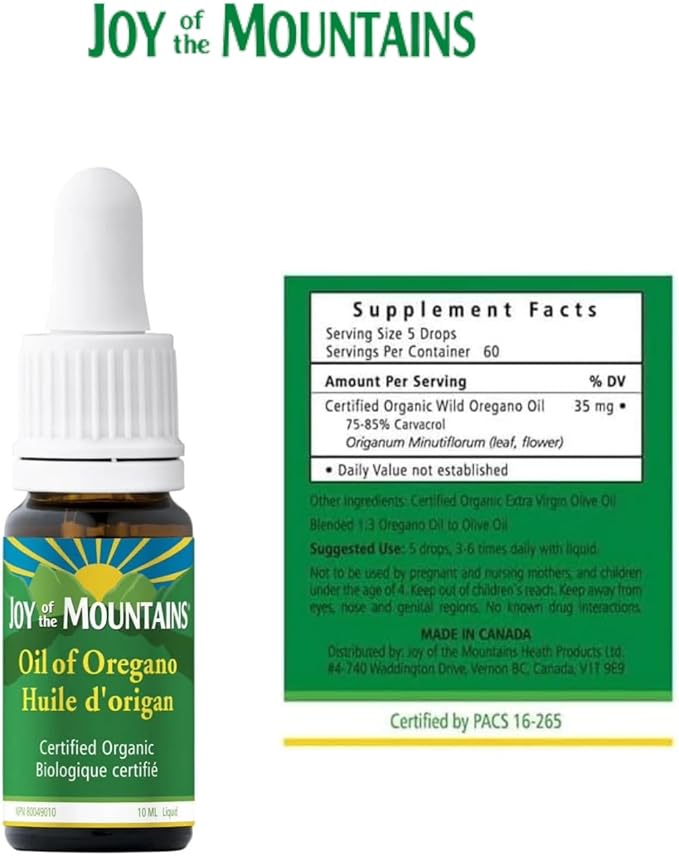 Joy of the Mountains Oil of Oregano Liquid With Dropper cap | Wild Mediterranean, Certified Organic Oil of Oregano | 10ml - 0.34 fl. oz. Liquid (Pack of 1 Bottle)