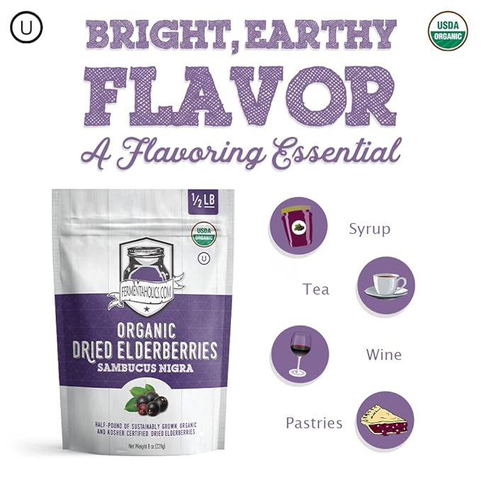 FERMENTAHOLICS | USDA Organic Dried Elderberries - 8 oz | All Natural Free Of Chemicals | For Syrup, Gummies, Kombucha, Tea, and Wine | Sambucus Nigra | Elderberry Syrup Instructions Included