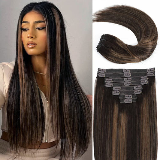 Clip In Hair Extensions Real Human Hair, 20Inch 120G 8Pcs, 2/6/2 Balayage Dark Brown To Chestnut Brown, Remy Human Hair Extensio