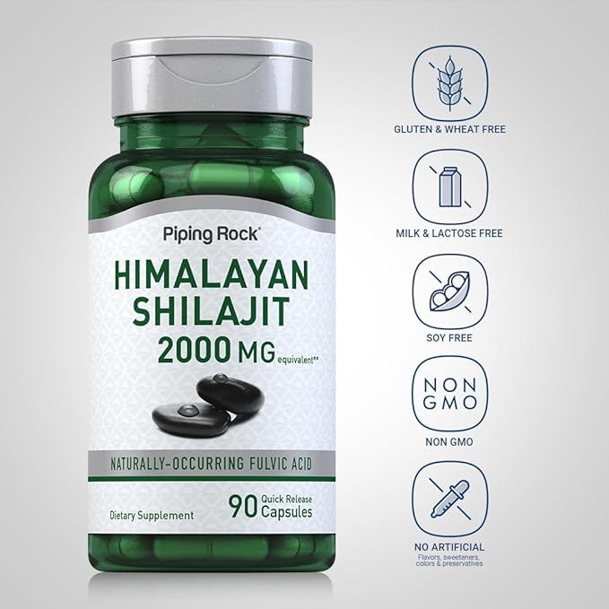 Piping Rock Shilajit Capsules | 2000mg | 90 Count | Himalayan Fulvic Acid | Non-GMO, Gluten Free Supplement