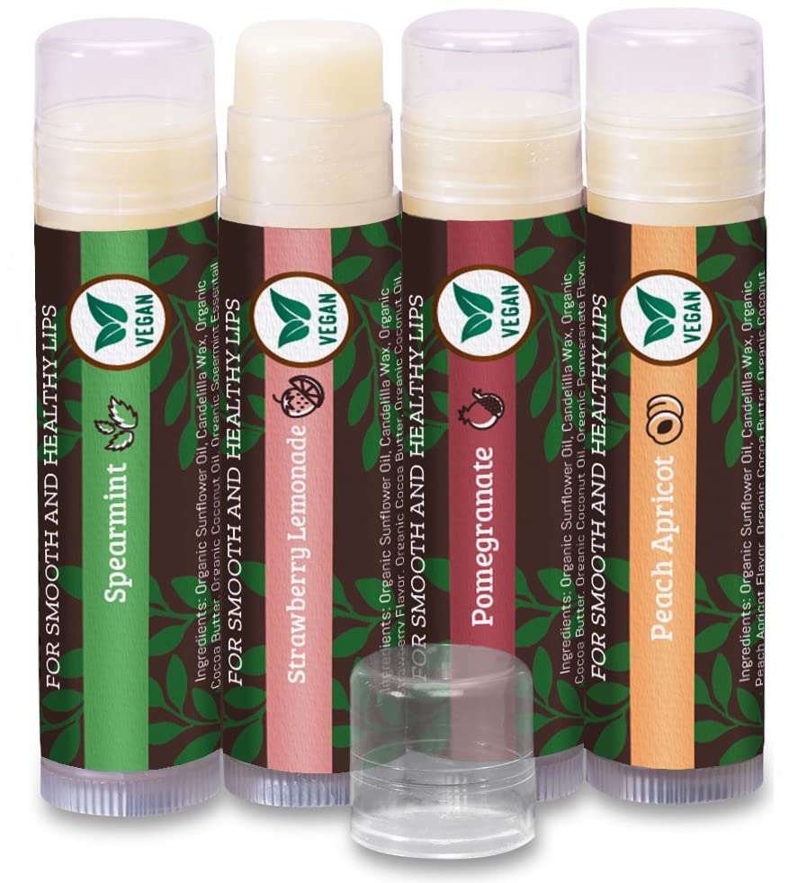 Vegan Lip Balm By Earths Daughter, Beeswax Free Lip Balm, Natural, Organic Flavors - 4 Pack Of Assorted Flavors, Plant Based Veg