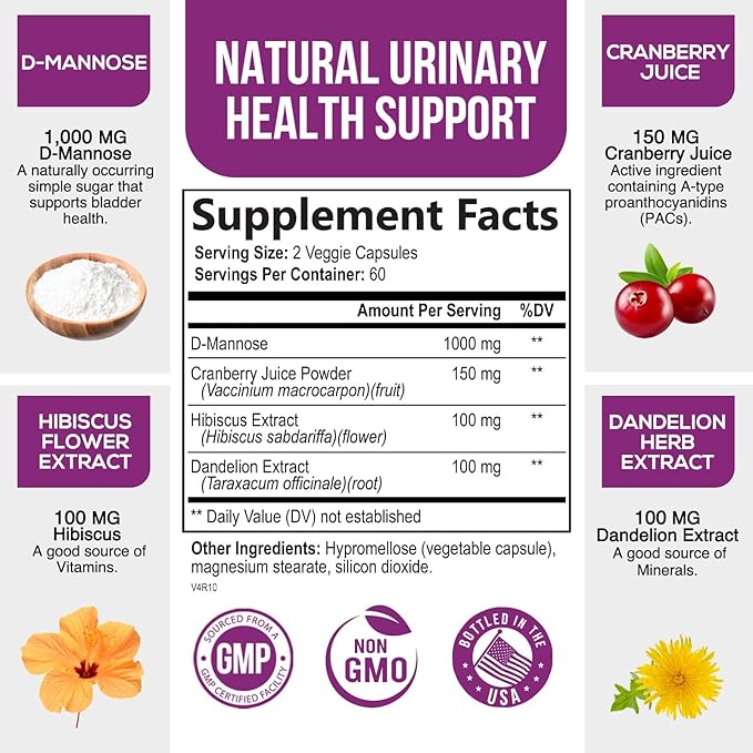 D-Mannose with Cranberry, Hibiscus & Dandelion 1350mg Advanced Formula – Urinary Tract Support Supplement for Women & Men – Flush & Cleanse Impurities – Non-GMO, Vegan for Women & Men – 120 Capsules