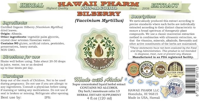 Bilberry Alcohol-Free Liquid Extract, Organic Bilberry (Vaccinium myrtillus) Dried Leaf Glycerite Hawaii Pharm Natural Herbal Supplement 32 oz Unfiltered