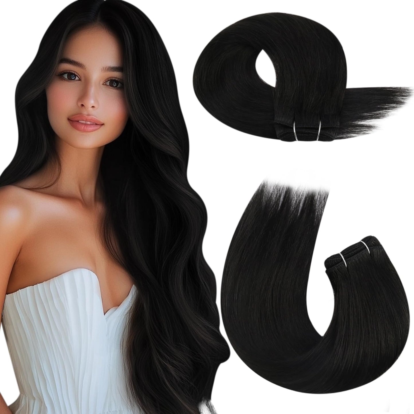 Moresoo Sew In Extensions Human Hair Black Weft Hair Extensions Real Human Hair Off Black Double Weft Human Hair Weft Extensions