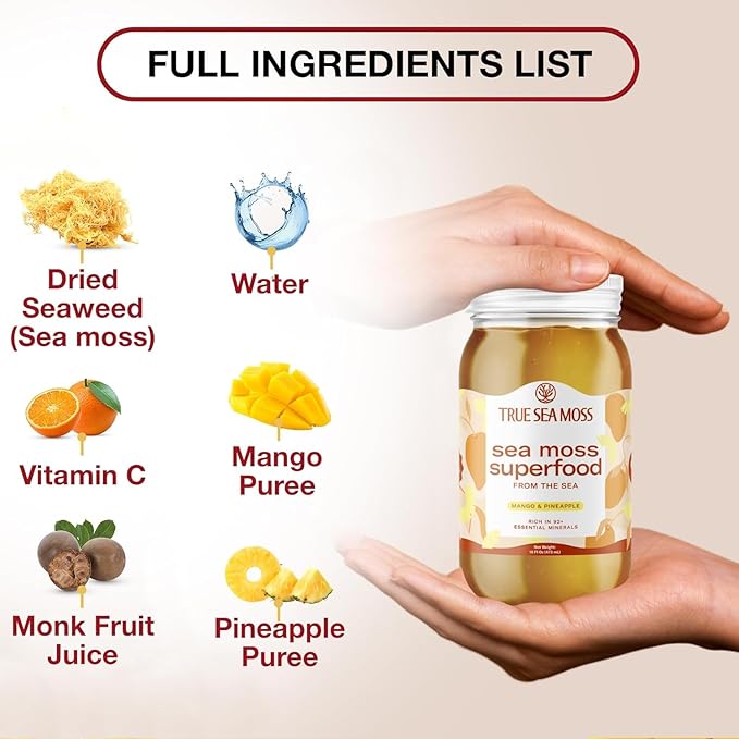TrueSeaMoss Wildcrafted Irish Sea Moss Gel - Made with Dried Seaweed & Fresh Sea Vegetables, Seamoss, Antioxidant Supports Digestion - Made in USA (Mango/Pineapple, Pack of 5)