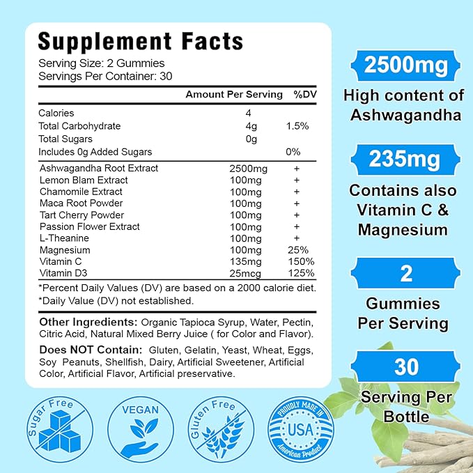 2 Pack Ashwagandha Gummies for Women Men, Sugar Free Organic Ashwagandha Gummies Supplement for Relax Restore Balance, Vegan Gluten Free, 120 Count