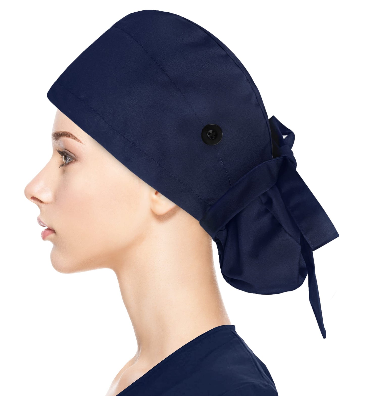 Fesciory Adjustable Working Caps With Button & Sweatband, Women Ponytail Pouch Hats, Long Hair (Navy)