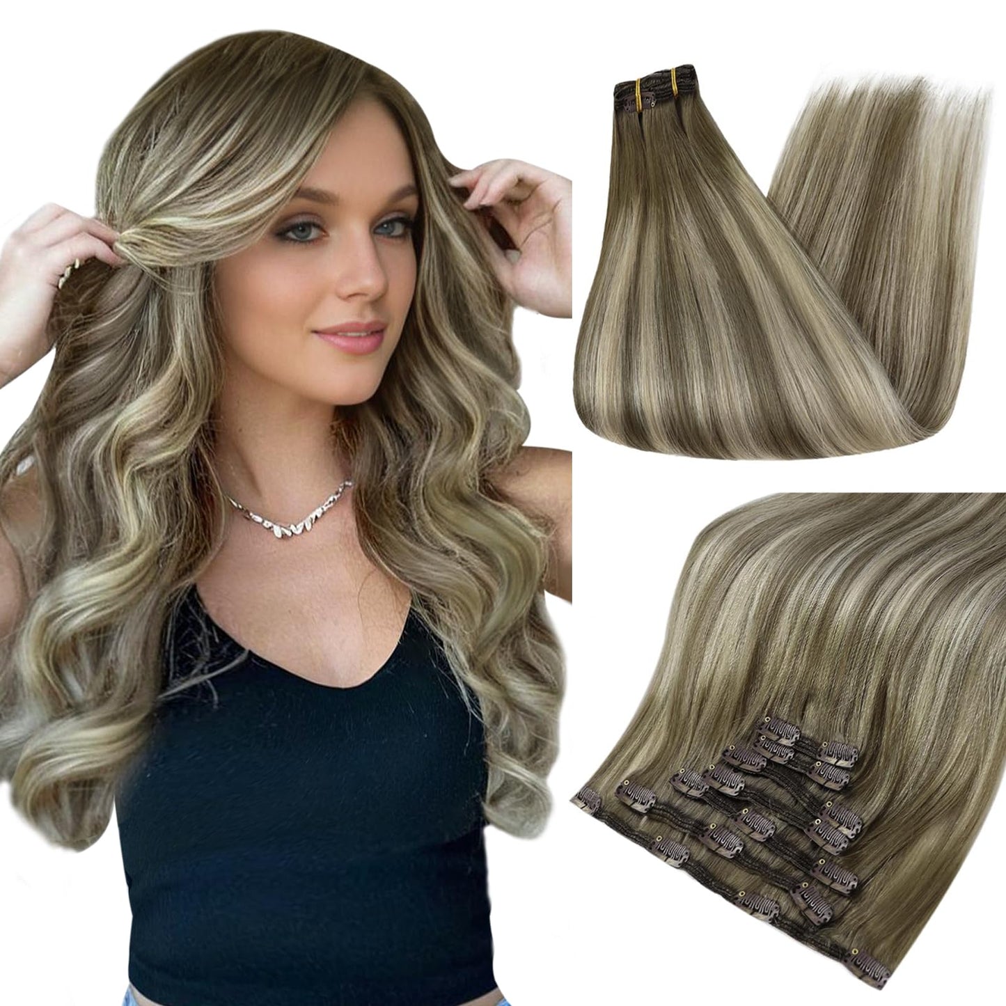 Full Shine 18 Inch Real Hair Extensions Clip In Human Hair Ombre Hair Extensions Cool Taupe Mix Blonde Straight Hair Extension F