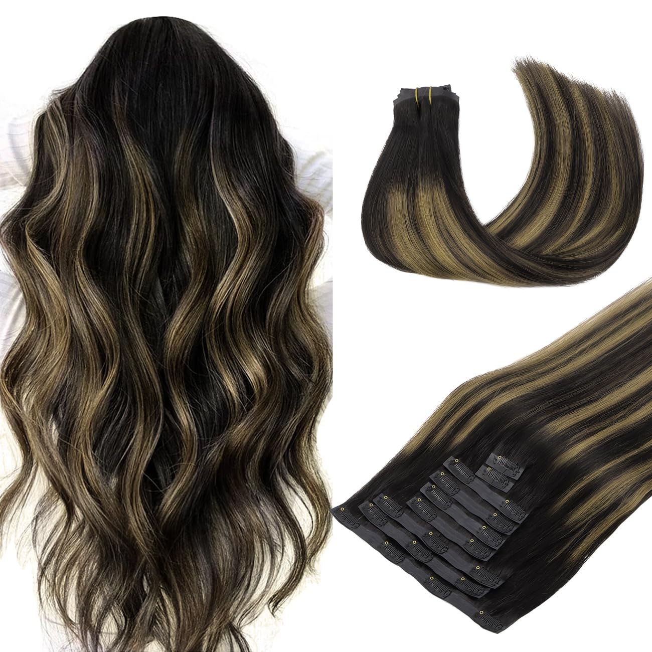 Doores Hair Extensions Real Human Hair, Natural Black To Chestnut Brown 14 Inch 130G 9Pcs, Clip In Remy Human Hair Extensions Se