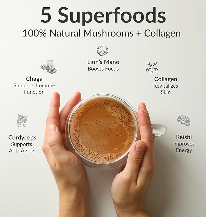 BIOptimizers Mushroom Coffee Alternative – Salted Caramel Drink – Lion’s Mane, Chaga, Reishi + Collagen Peptides for Focus, Energy & Gut Health – Adaptogenic Mushrooms & MCT Powder – 15 Servings