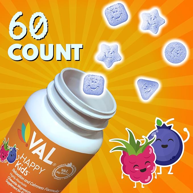 VAL Magnesium for Kids | High-Absorption Magnesium for Calm, Relaxation & Focus | Mg Glycinate, Citrate & Taurate | with Vitamin B6, D & C | Sugar-Free, Non-GMO | 60 Chewable Tablets
