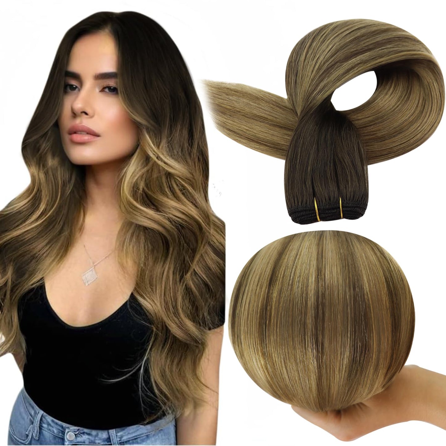 Full Shine Sew In Hair Extensions Balayage Hair Extensions Real Human Hair Color Brown To Ash Brown Mix Blonde Weft Human Hair E
