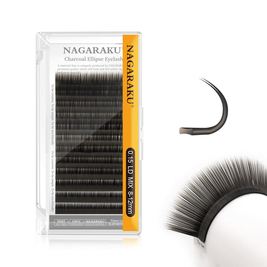 Nagaraku Double Tips Flat Ellipse Eyelash Extensions Supplies 0.15 Ld Curl 8-12Mm Mix Natural Charcoal Color Faux Mink Super Sof