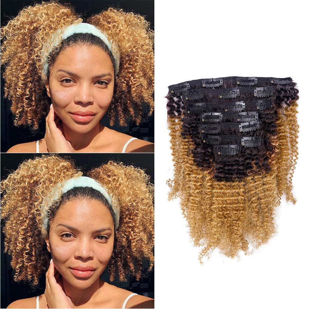 Caliee Afro Kinky Curly Clip In Hair Extension Human Hair Double Weft Unprocessed Remy Natural Black Hair And Ombre Brown Blonde