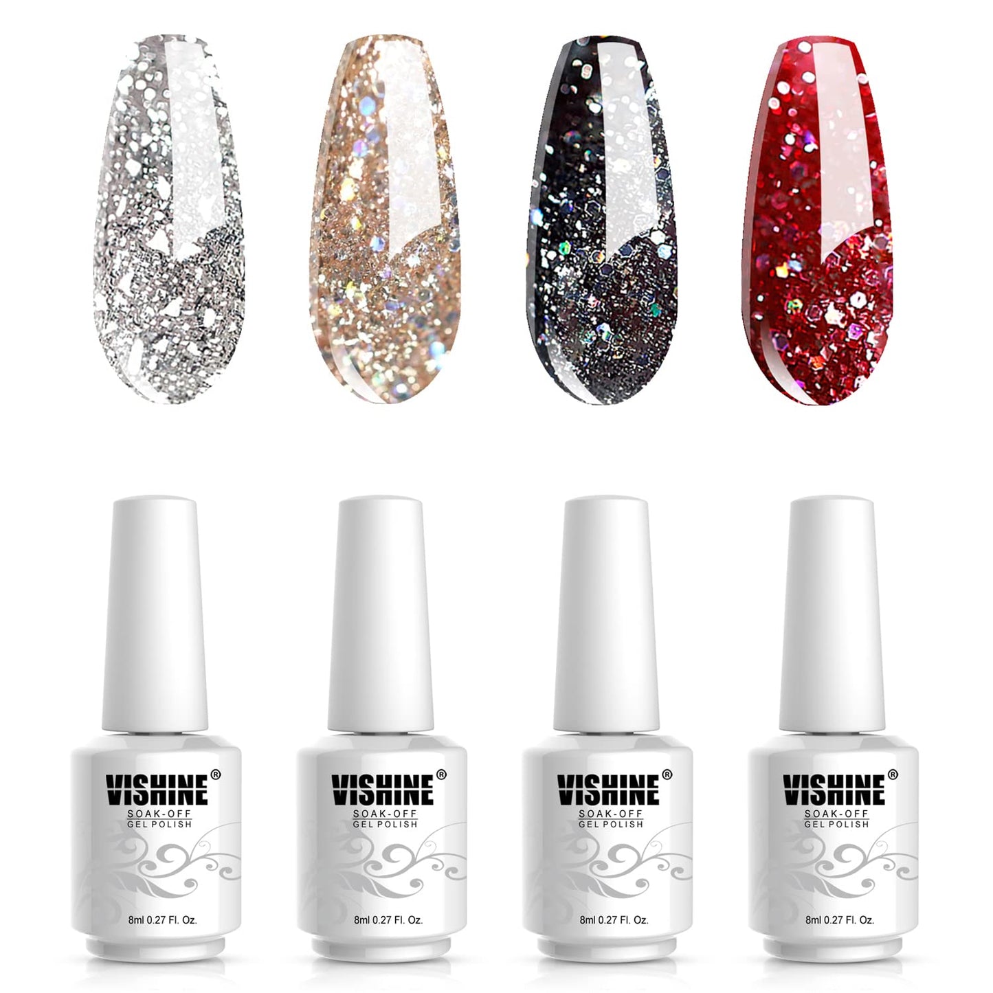 Vishine Glitter Gel Nail Polish Set - 4Pcs 8Ml Sparkle Red Black Gold Silver Shinning Colors Uv Led Soak Off Gel Polish Collecti
