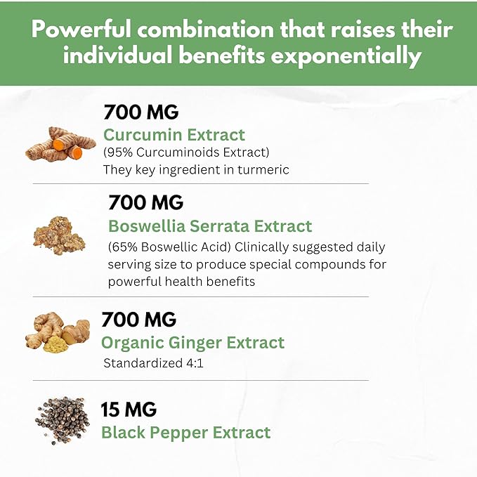 Boswellia Curcumin Ginger Extracts Supplement – Strong 95% Curcuminoids Natural Joint Support Pills – Extra Strength Boswelia with Turmeric Curcumin & Organic Ginger Supplement