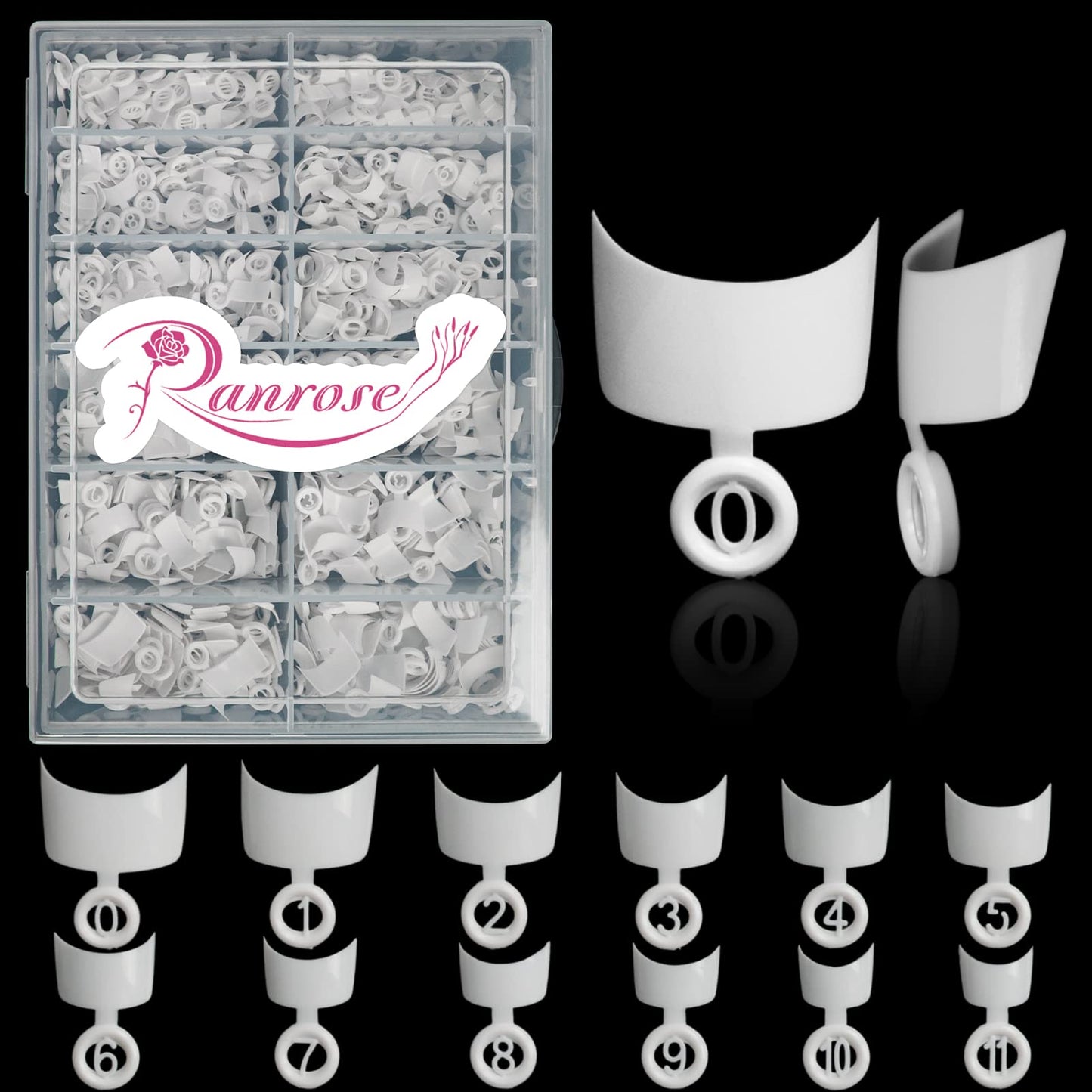 Ranrose 600Pcs Short French Style False Nails Half Cover Nails Tips,White Short Acrylic Extension Finger Nail 12 Sizes With Box