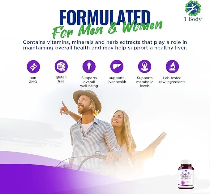 1 Body Liver Support Supplement with Milk Thistle & Dandelion, Twin Pack, 60 Capsules Each