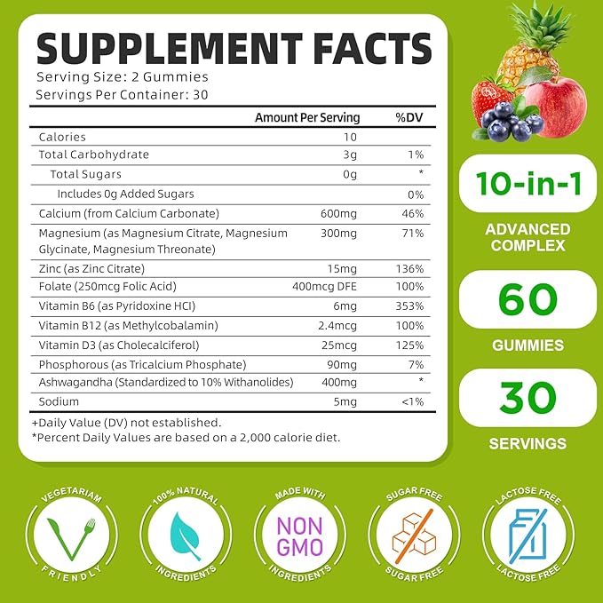 Calcium Magnesium Zinc Supplement with Vitamin D3, Sugar Free Calcium Gummies for Women Men, High Potency Magnesium Gummies for Bone & Muscle & Immune Health, Mixed Flavors - 120 Count
