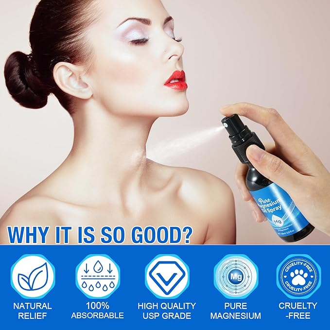 Magnesium Oil Spray, 100% Natural Magnesium Spray for Feet (17.5mg Magnesium in Each Spray) 2 Oz, Made with Concentrated Pure Magnesium Chloride Oil - Topical Magnesium Spray, Easy to Use