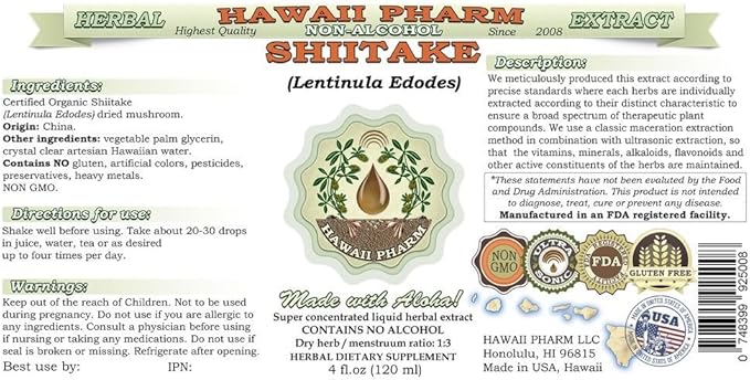 Shiitake Alcohol-Free Liquid Extract, Organic Shiitake (Lentinula Edodes) Dried Mushroom Glycerite Natural Herbal Supplement, Hawaii Pharm, USA 15x4 fl.oz
