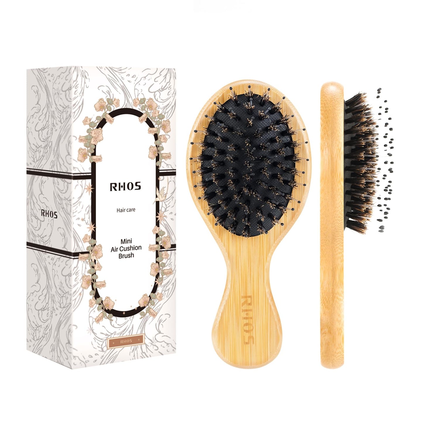 Rhos Mini Boar Bristle Hair Brush For Women/Men/Kids-Small Bamboo Paddle Brush For Smoothing/Detangling/Adding Shine-Travel Size