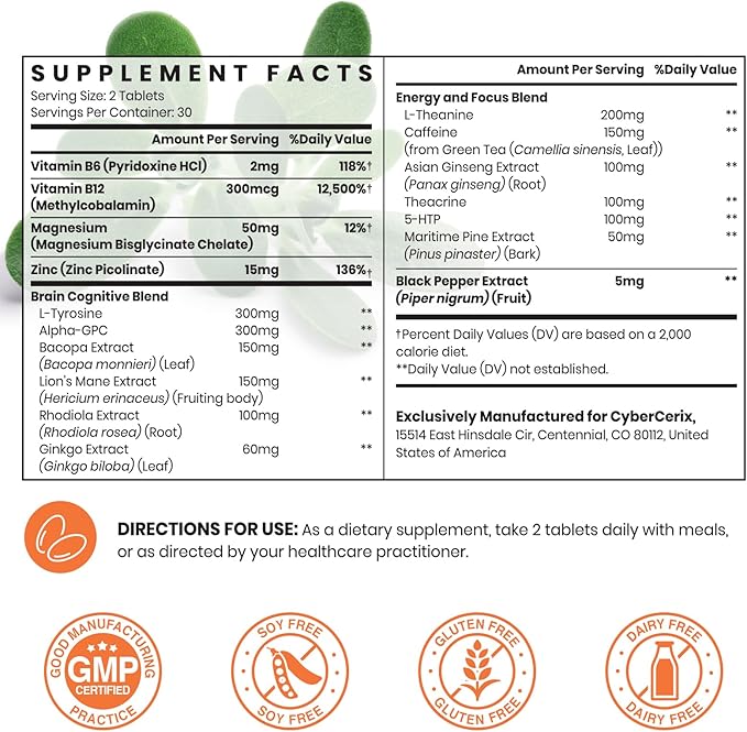 17-in-1 Brain Supplements for Memory and Focus - Nootropic Formula for Concentration, Clarity, Energy & Focus - Natural Caffeine Blend with Vitamins, Amino Acids & Herbal Extracts - 120 Tablets