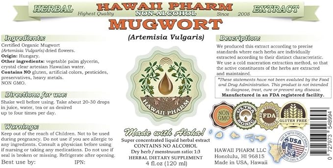 Mugwort Alcohol-Free Liquid Extract, Organic Mugwort (Artemisia vulgaris) Dried Flower Glycerite Natural Herbal Supplement, Hawaii Pharm, USA 32 oz Unfiltered
