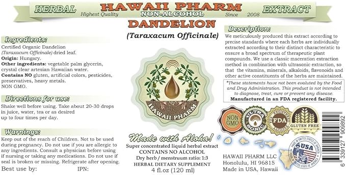 Dandelion Alcohol-Free Liquid Extract, Organic Dandelion (Taraxacum Officinale) Dried Leaf Glycerite Hawaii Pharm Natural Herbal Supplement 32 oz Unfiltered