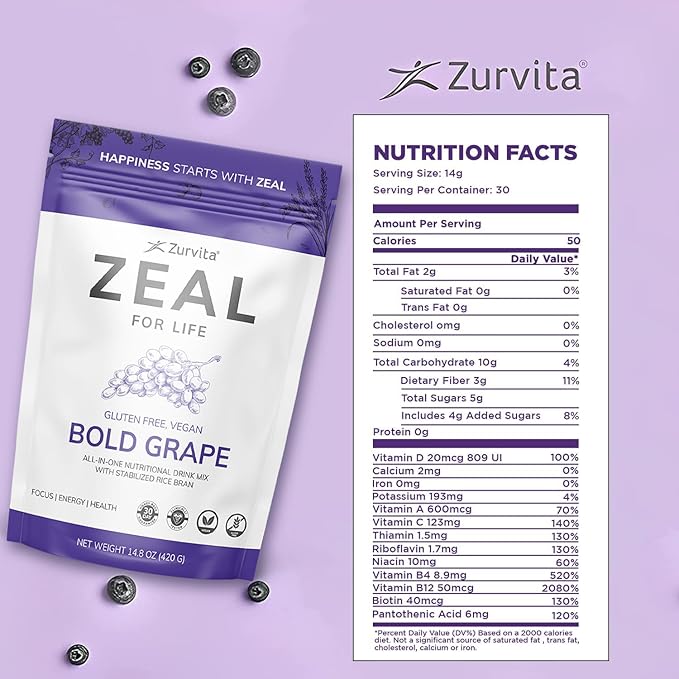 Zurvita - Zeal for Life - Bold Grape Flavor - Daily Nutritional Supplement for Vitality, Immunity, & Overall Wellness - 30-Day Wellness Bag, 420 Grams
