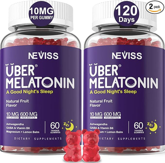 Melatonin Gummies 10mg 20mg for Adults, Melatonin 10 mg per Gummy with Ashwagandha, Magnesium Glycinate, GABA, L-theanine, Valerian Root & Lemon Balm, Rest Support Supplement, Grape Flavor, 2-Pack