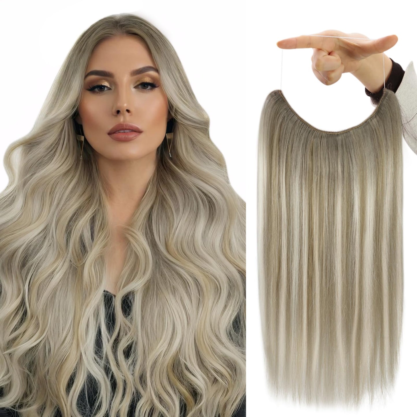 Fshine Invisible Wire Hair Extensions Balayage Ash Brown Mix Platinum Blonde Clip In Hair Extensions Real Human Hair Brown Ombre