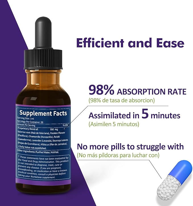 Sleep Support Drops, Gotas de Pasiflora y Valeriana y Lavanda para Dormir Profundamente rapido. Passion Flower & Lavender Extract Liquid Tincture.4oz
