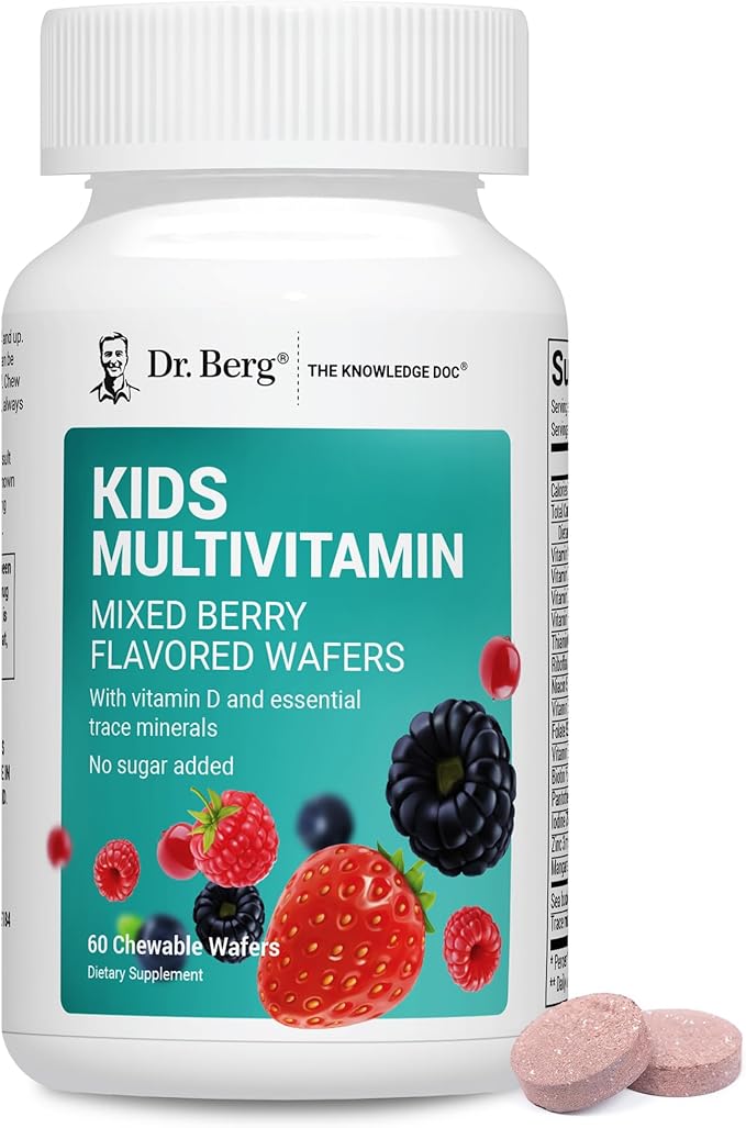 Dr. Berg Kids Chewable Multivitamins (NOT Sweetened w/Sugar) - Daily Multivitamin for Kids That Includes 20 Nutrients & Trace Mineral Complex - Mixed Berry Chewable Vitamins for Kid - Red Wafers