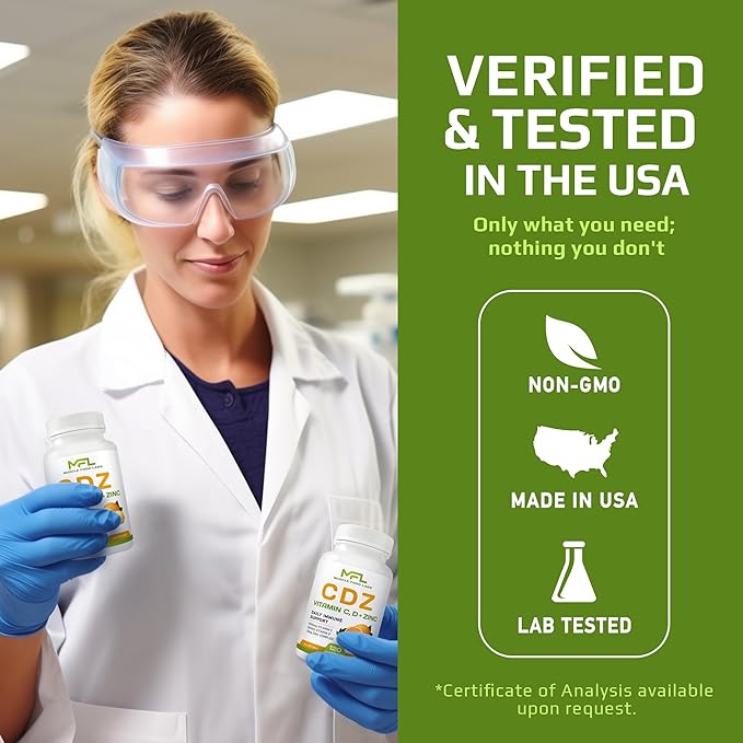 | C D Z | Vitamin C, 1000mg | Vitamin D3, 125mcg | Zinc, 25mg | Non-GMO & Gluten Free | 120 Vegetarian Capsules | 120 Servings