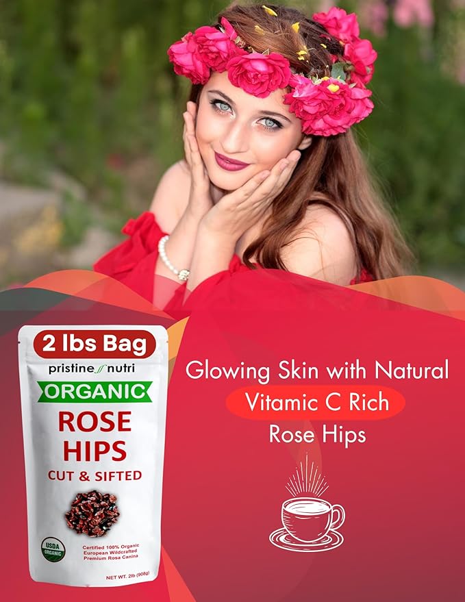 2 lb (32 oz) Rose Hips Dried Organic Bulk, Organic Rosehips Cut & Sifted, 95% Seedless, European All Natural, Rosehips Dried Organic Bulk, Makes 140 Cups of Vitamin C Rich Tea (packaging may vary)