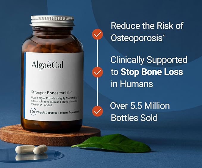 ALGAECAL - Plant Based Calcium Supplement with Vitamin D3 (1000 IU) for Bone Strength, Contains 13 Minerals Supporting Bone Health, Organic Calcium (750 mg) for Women & Men, 90 Caps, 3 Month Supply