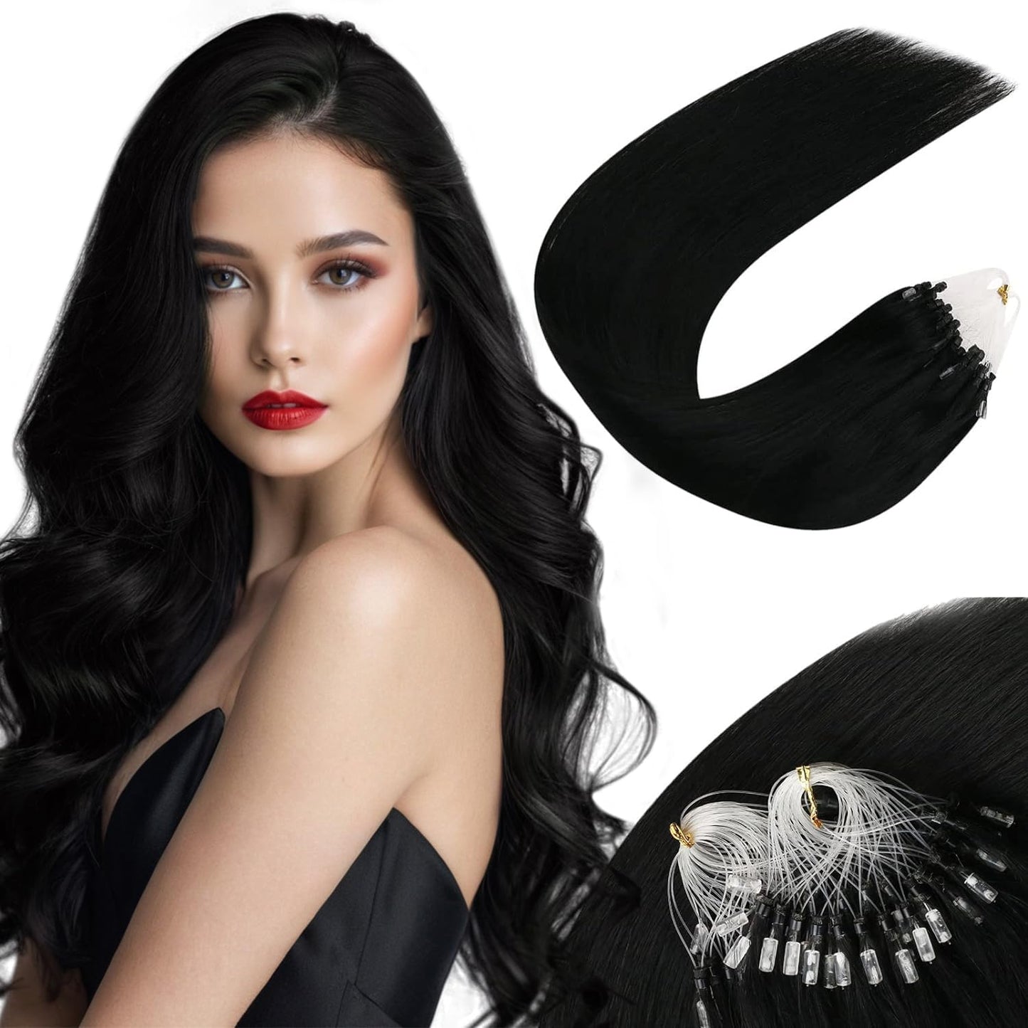 Sunny Hair Micro Ring Hair Extensions Human Hair Black 24Inch Micro Beads Hair Extensions Jet Black Soft And Silky Micro Link Ha