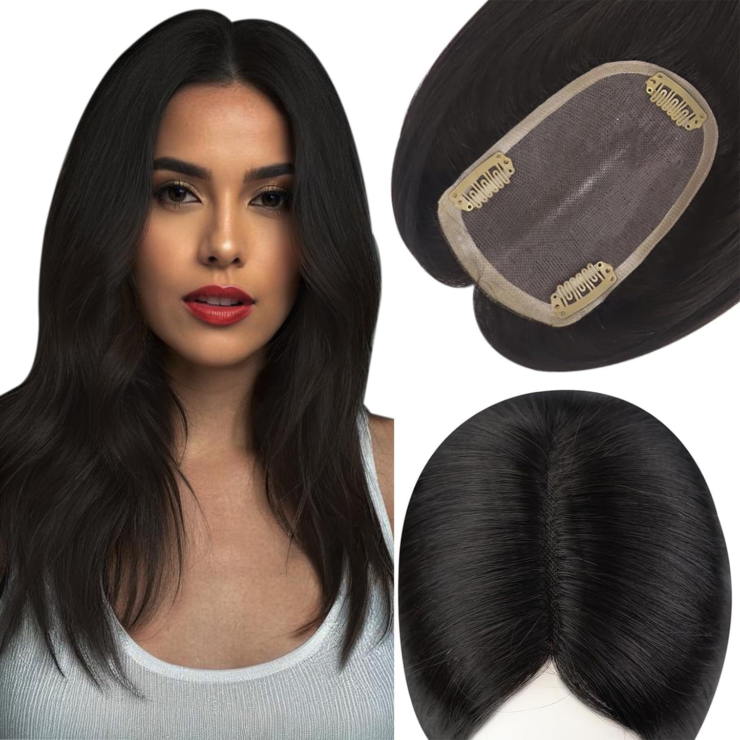Full Shine Topper Hair Extensions Human Hair 16Inch Clip In Topper Hair Extensions Color 1B Black Toupee 3 * 5Inch Straight Hair