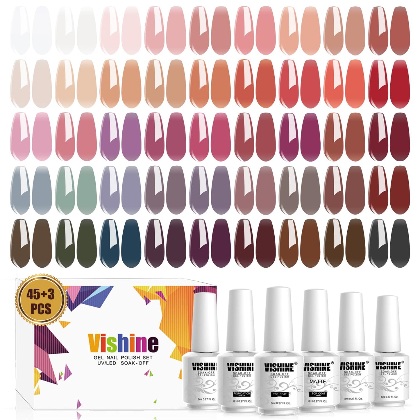 Vishine 48 Pcs Gel Polish Set, 45 Colors Jelly Gel Nail Polish Set, Brown Jelly Gel Polish Set, Translucent Gel Nail Polish,Shee