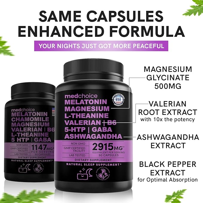 12-in-1 Melatonin Sleep Capsules - Natural Sleep Aids for Adults with Melatonin 5mg and Magnesium Glycinate 500mg, Sleep Aid with Ashwagandha, L Theanine, Valerian Root, GABA, 5-HTP (90ct, Pack of 4)