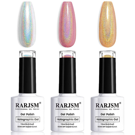 Rarjsm Holographic Gel Nail Polish Set 3Pcs Rose Gold Silver Gorgeous Glossy Soak Off Nail Gel With Glitter Mermaid Unicorn Effe